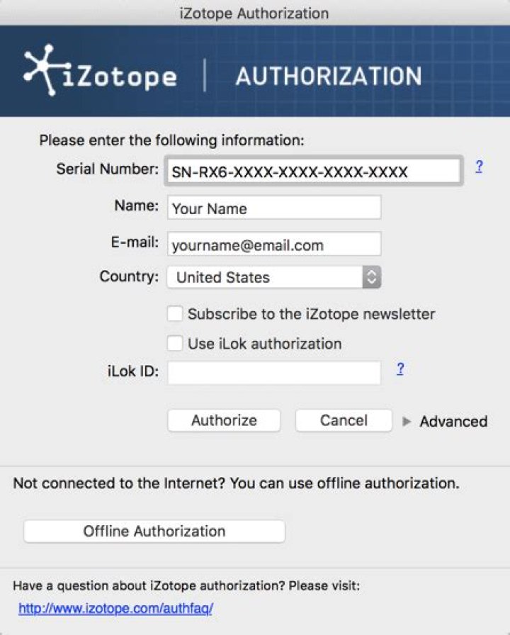 Auth wizard serial number entry screen
