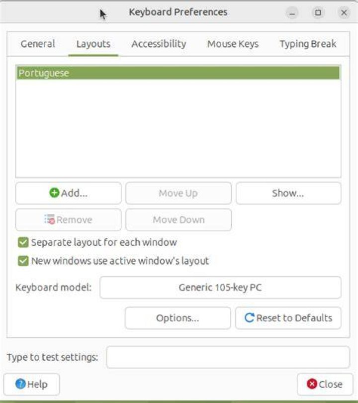 Keyboard Preferences tab